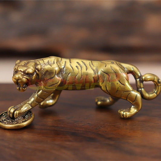 Hand-carved solid copper tiger trinket, detailed bronze figurine for watch accessory display.
