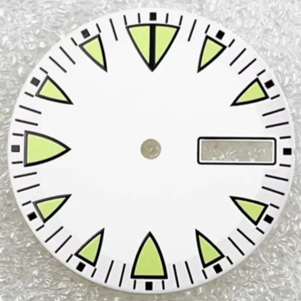 White 28.5mm Monster Green Lume watch dial, designed for NH36 diving movement with luminous markers.