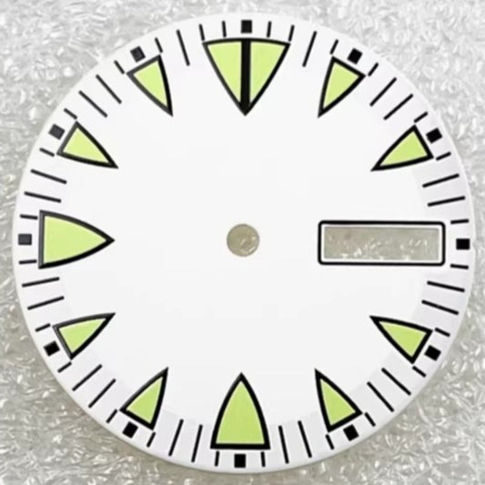 White 28.5mm Monster Green Lume watch dial, designed for NH36 diving movement with luminous markers.