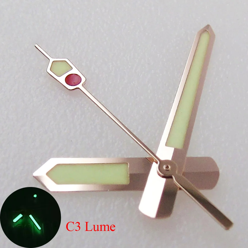 Rose gold watch hands set with C3 Super Lume, compatible with NH35 NH36 NH70 NH72 7S26 7002 4R35 movements.