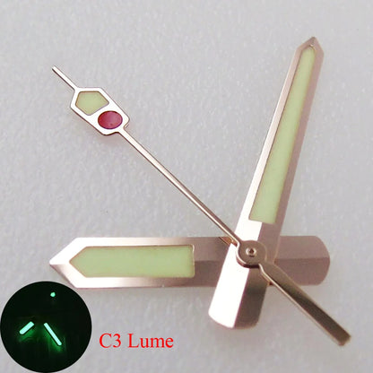 Rose gold watch hands set with C3 Super Lume, compatible with NH35 NH36 NH70 NH72 7S26 7002 4R35 movements.
