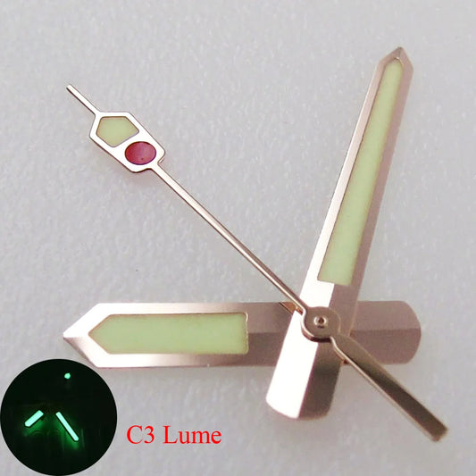 Rose gold watch hands set with C3 Super Lume, compatible with NH35 NH36 NH70 NH72 7S26 7002 4R35 movements.