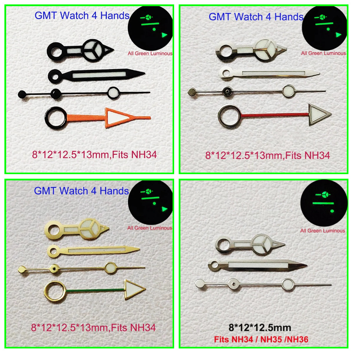 GMT Watch Hands Fit For NH34 NH35 NH36 Movement C3 Green Luminous Watches Parts