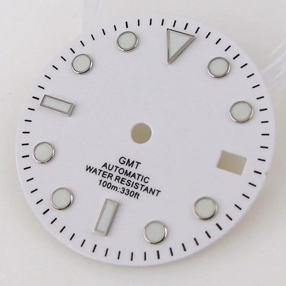 Nologo Sterile 29mm white NH34A watch dial for diver GMT mod, black edge markers, orange hands.