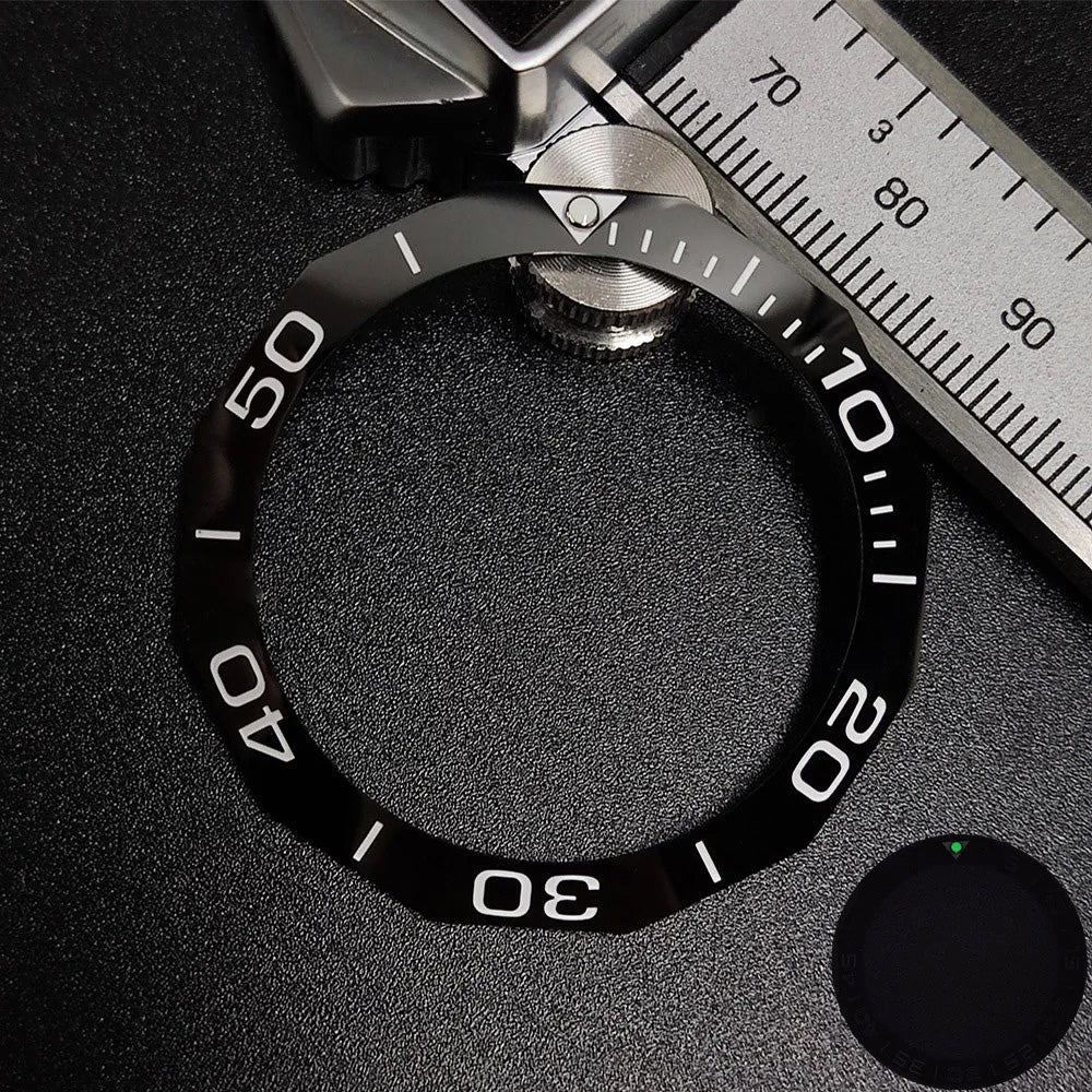Sloping luminous ceramic bezel insert 42.3x33.3mm for automatic watch replacement, precise fit and durability.