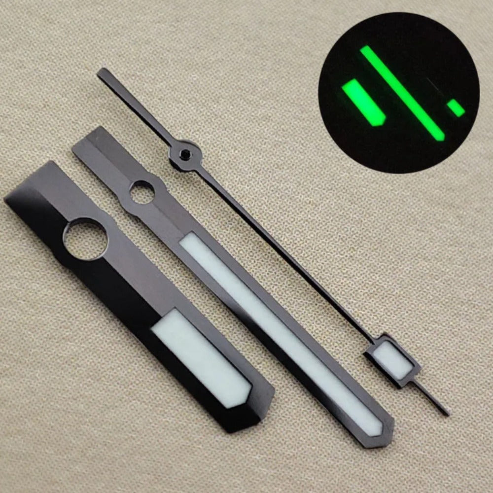 Green luminous watch hands with black trim, 13mm for NH35/36 NH38 NH72 movements, enhanced visibility.