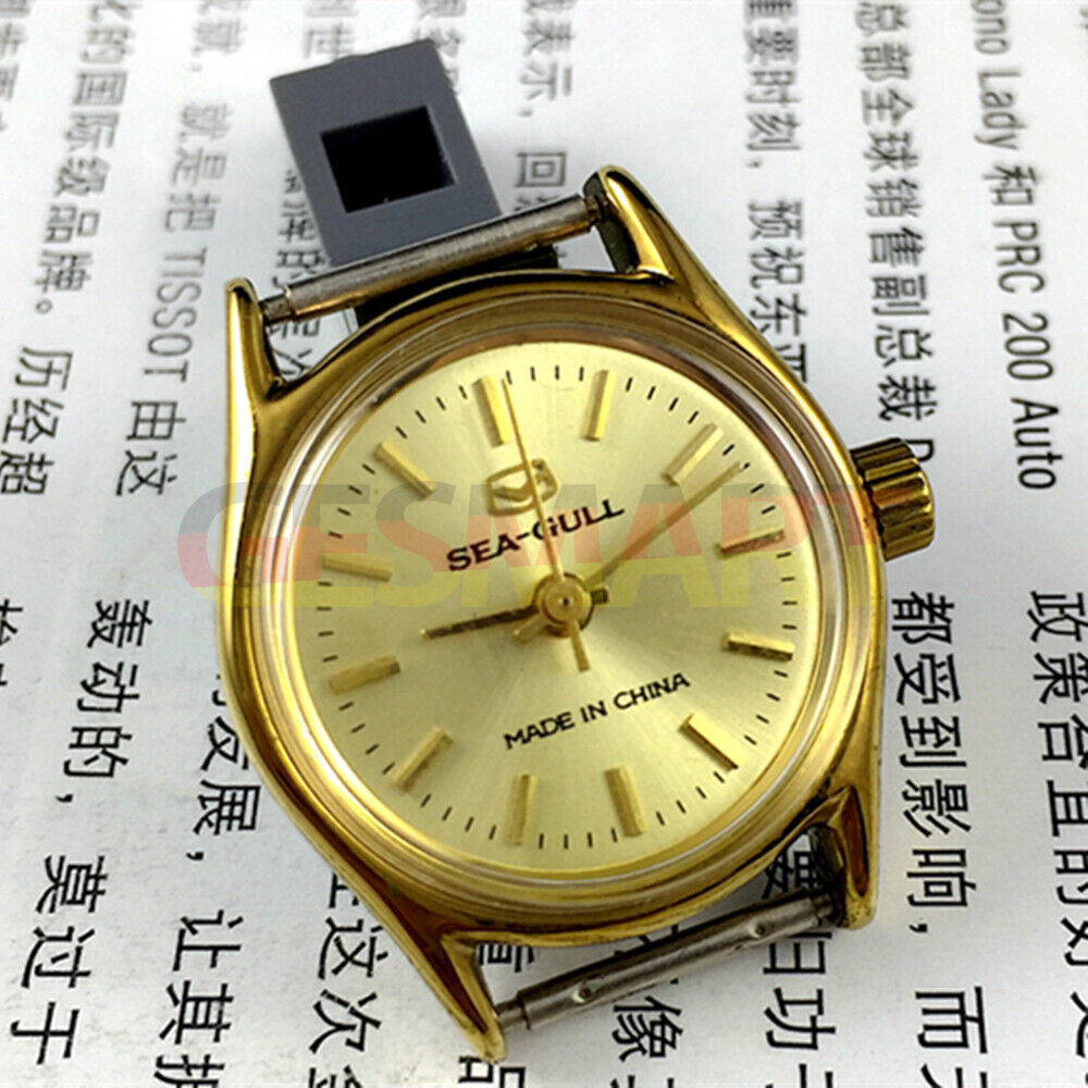 Elegant 26mm Seagull ladies watch with golden round case, manual mechanical movement, and leather band.