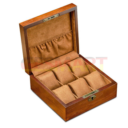 Wood watch box organizer with 6 slots, perfect for elegant storage and display of luxury watches.