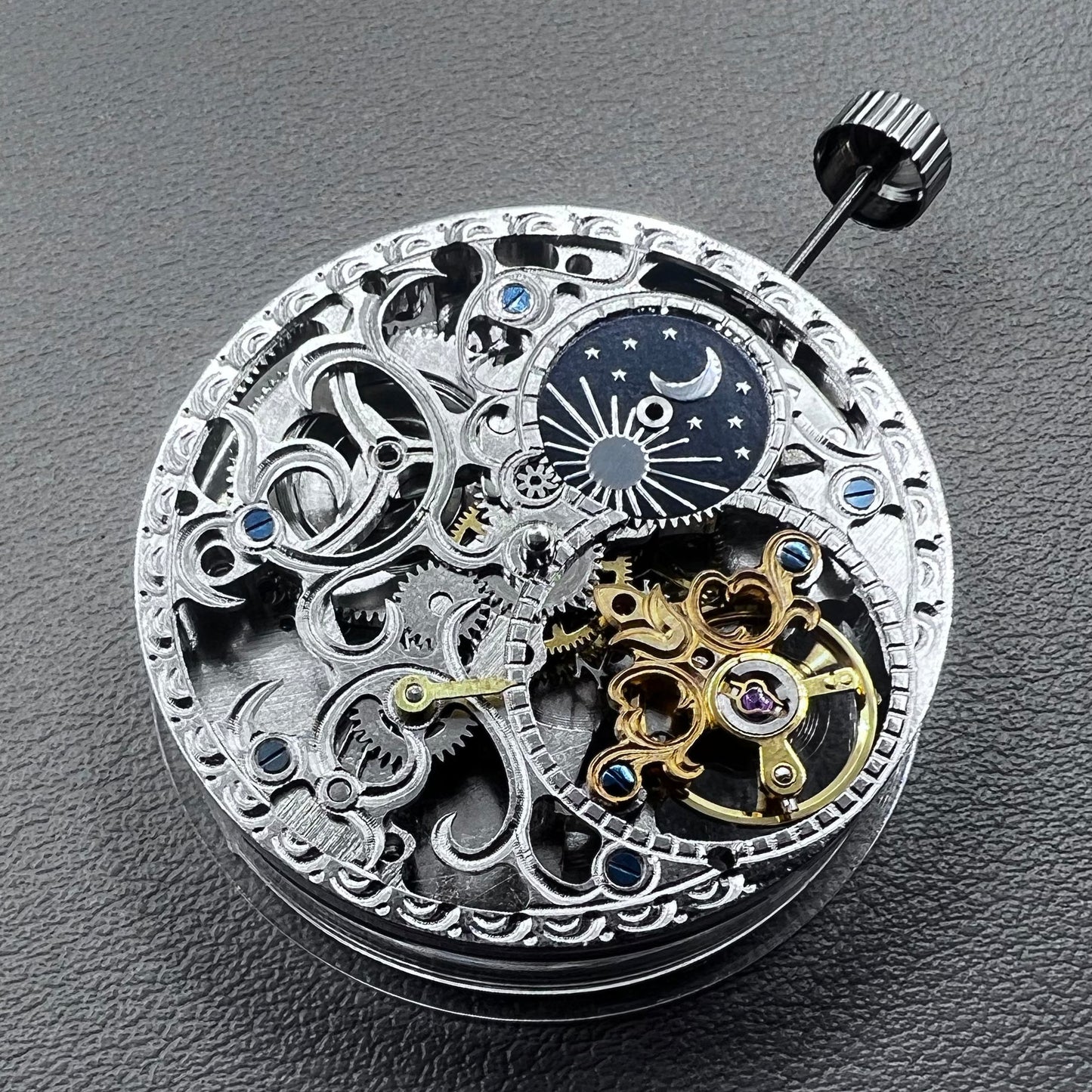 Silver Hollow Mechanical Movement Big Flywheel Moonphase@3
