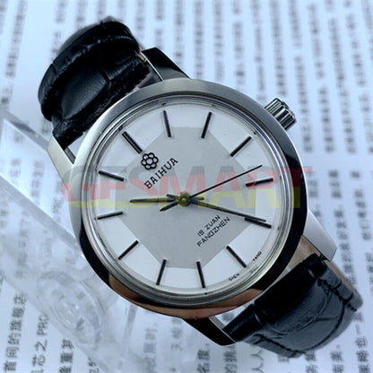 China Baihua 37mm manual mechanical watch featuring a silver dial, 19 jewels, and durable shock-resistant design.