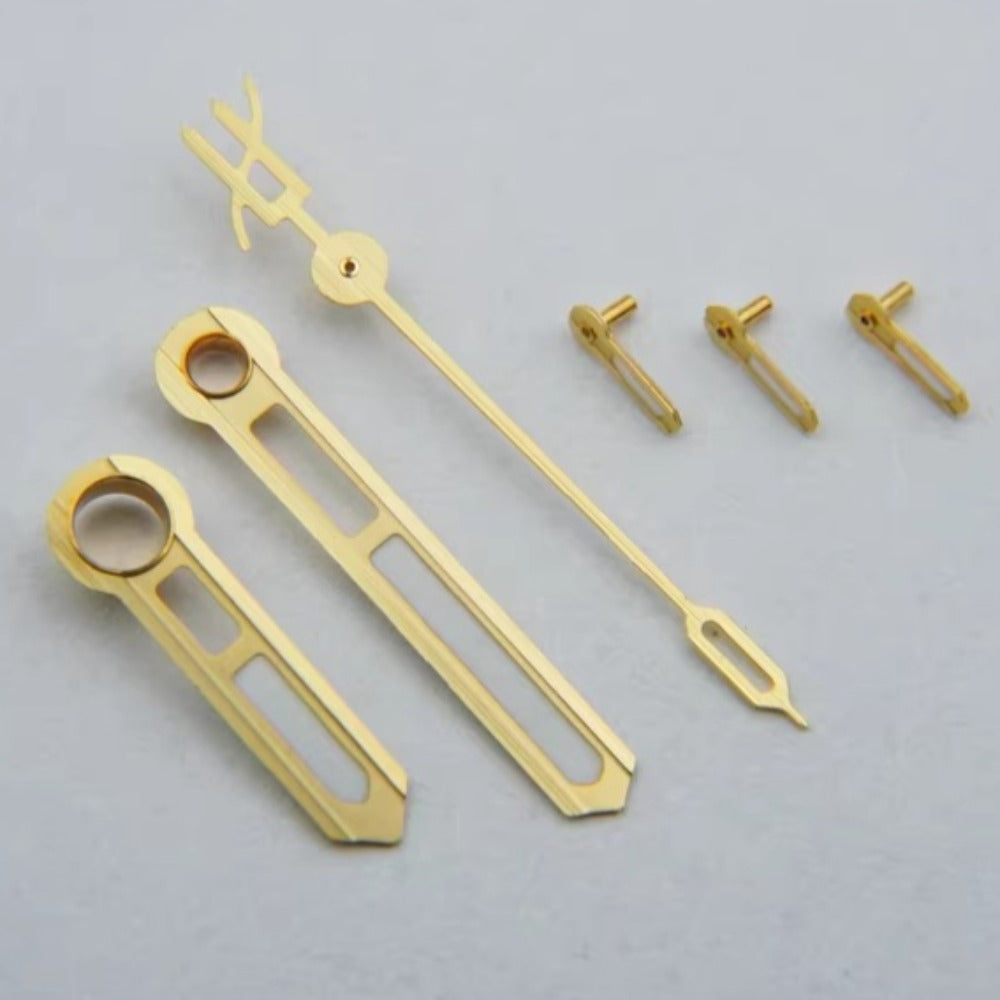 Golden trimmed green lume watch hands for Dandong 7750 movement, designed for Hublot watches.