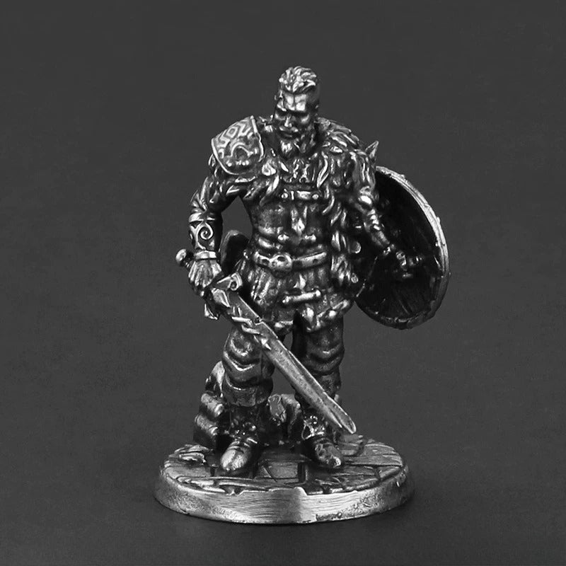 White Brass Figurine Destin Viking Miniature - Fur Cloak Sword and Round Shield Figure