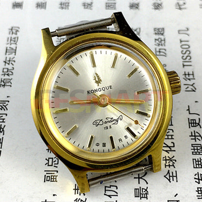 27mm Kongque manual mechanical watch with silver dial, golden markers, 19 jewels, classic design.