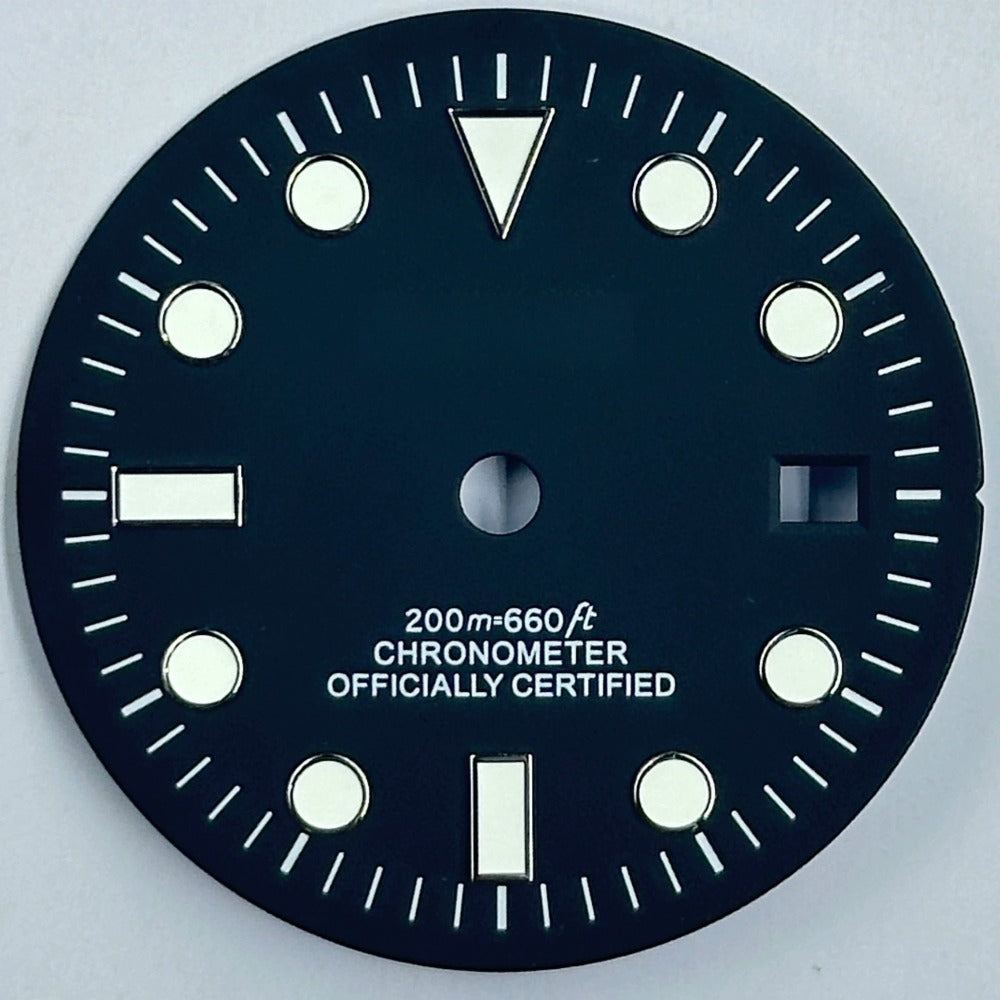 Black 32mm GMT watch dial with green luminous markers, compatible with NH34 movement, ideal for diving watches.