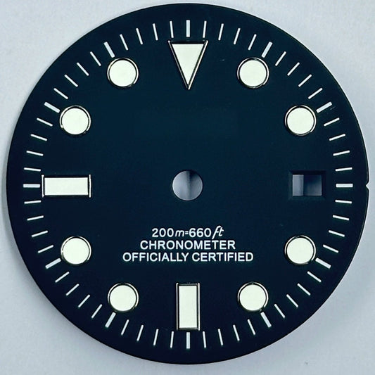 Black 32mm GMT watch dial with green luminous markers, compatible with NH34 movement, ideal for diving watches.