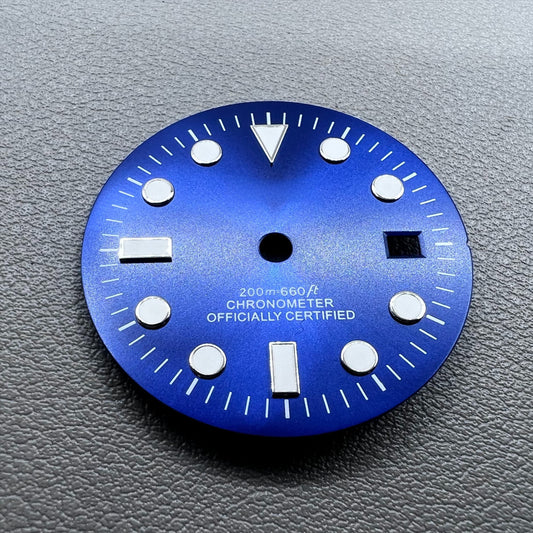 Blue 32mm GMT diving watch dial with green luminous markers for NH34 movement.