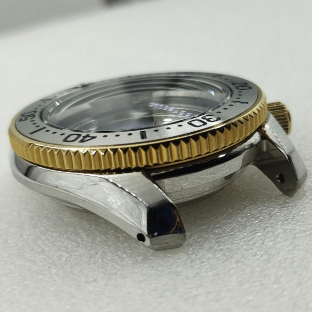 42mm silver polished watch case with golden bezel, compatible with SPB185/SPB187J1 and NH35/36/4R/6R movements.