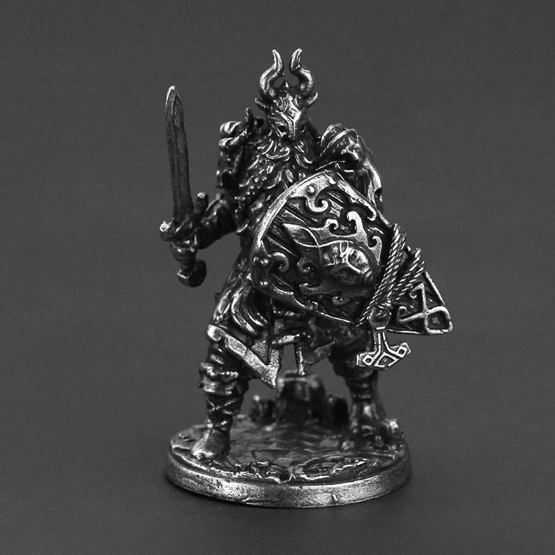 White Brass Figurine Tryggve Horned Knight Miniature - Sword and Ornate Kite Shield Figure