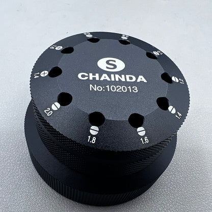 Black rotating stand with 10 slots for 0.6-2.0mm watch screwdrivers, organized storage solution.