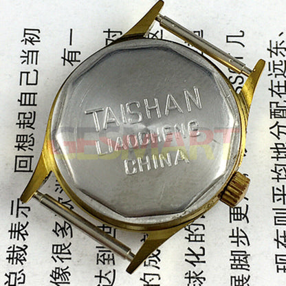 Liaocheng TAISHAN lady watch with 19 jewels, golden nail markers, and elegant gold-tone case.