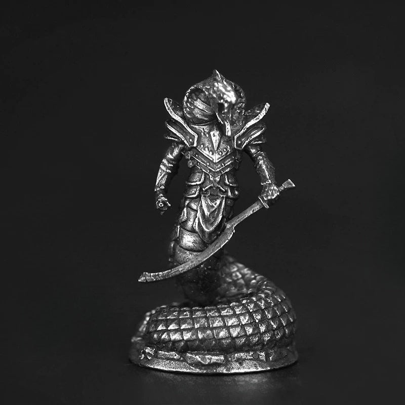 White Brass Figurine Naga Snakefolk Warrior Miniature - Cobra Headed Scimitar Figure