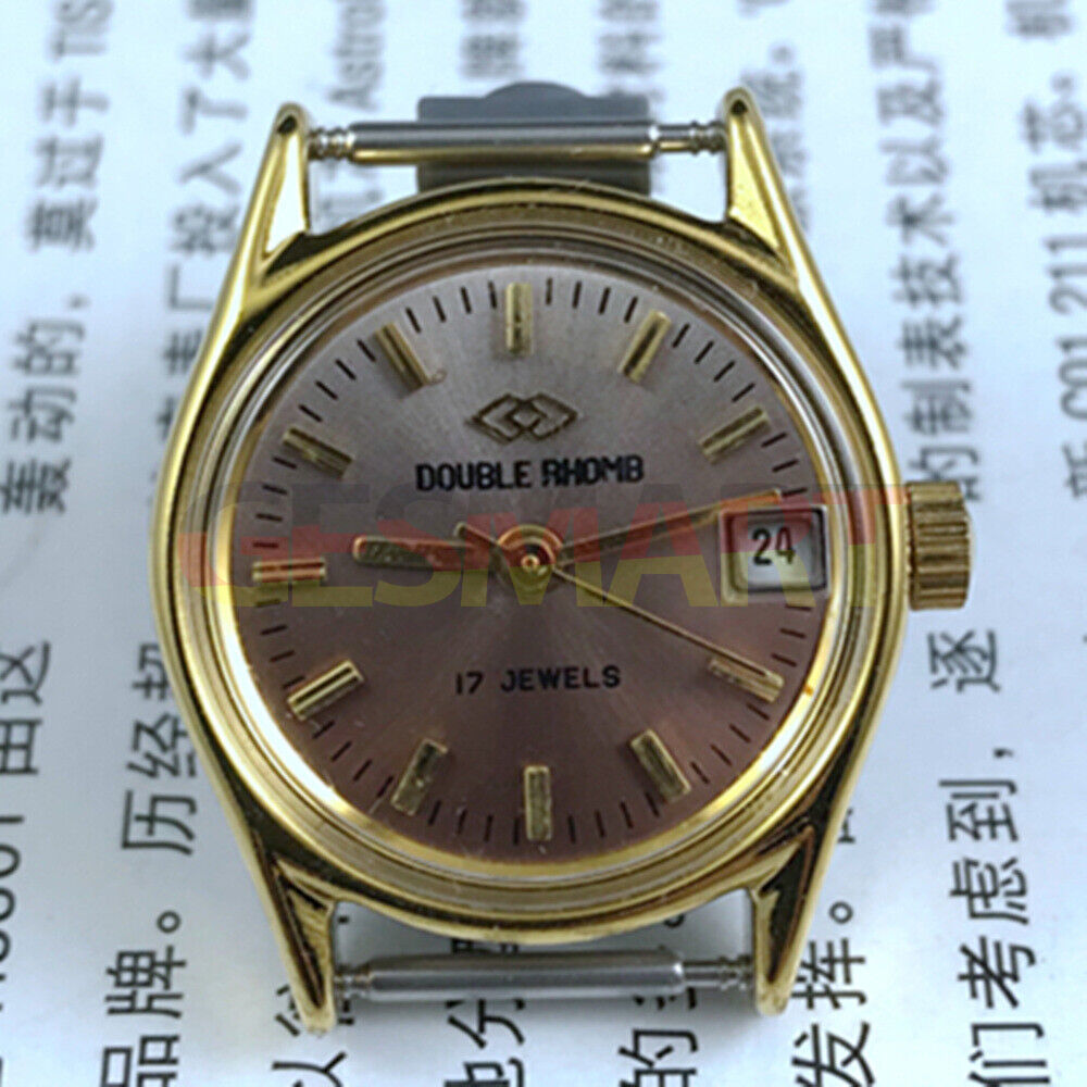 Double Rhomb Lady watch with dark brown dial, manual mechanical movement, single calendar display, elegant design.