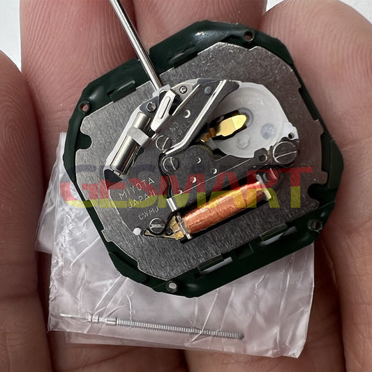 Quartz Miyota 2350 watch movement with day-date function and stem for precise timekeeping.