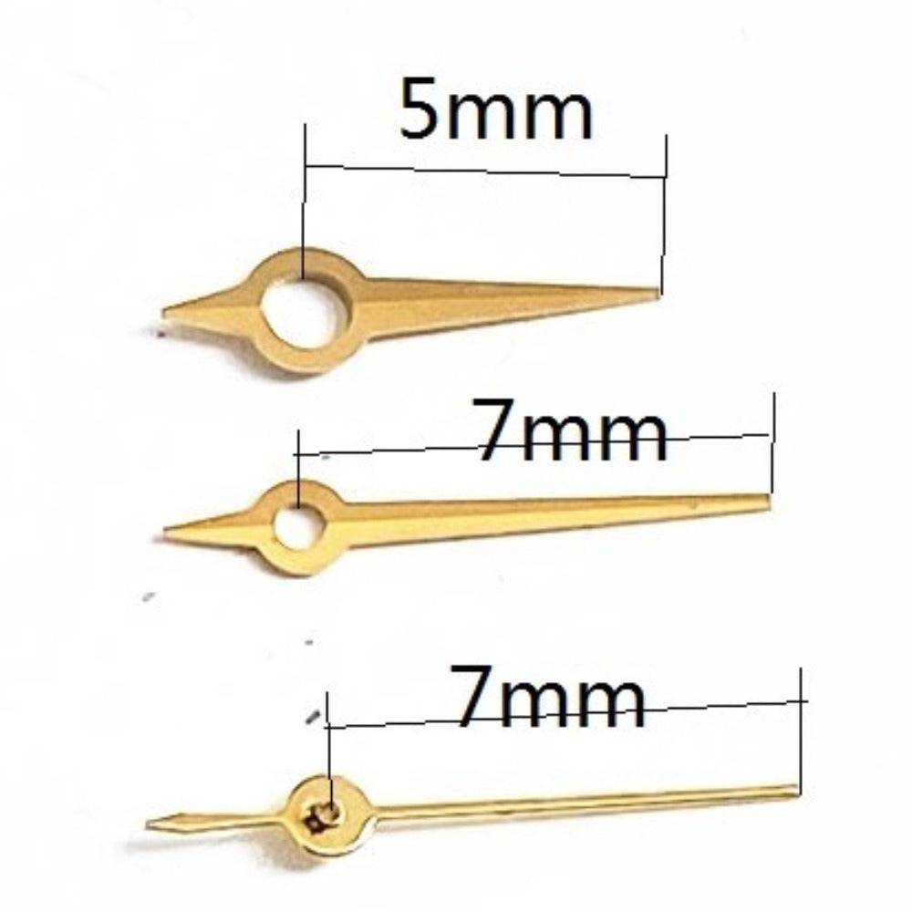 Golden watch hands measuring 7x7x5mm for Ronda 785 movement, precise fit.