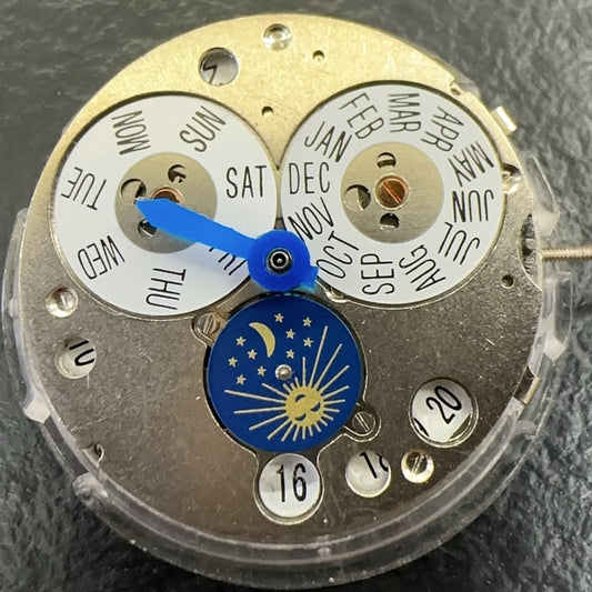 China-made watch accessory featuring multifunctional mechanical movement, moon phase at 6, week disk at 12.