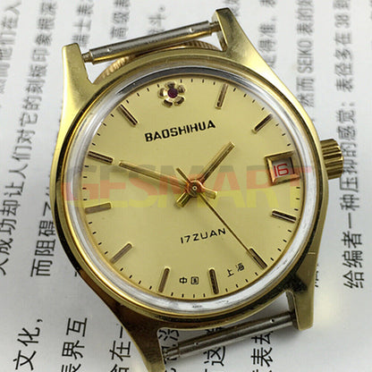33mm manual mechanical watch with yellow dial, single calendar, 17 jewels, shock-resistant design.