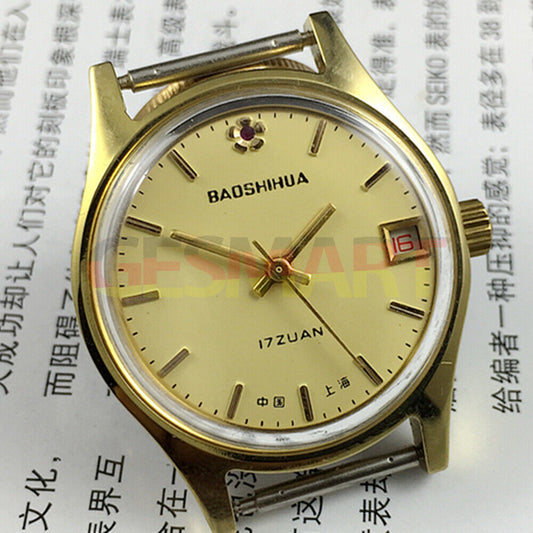 33mm manual mechanical watch with yellow dial, single calendar, 17 jewels, shock-resistant design.