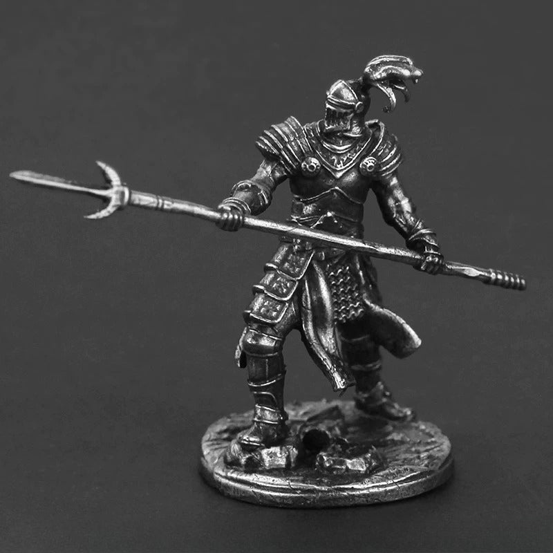 White Brass Figurine Armored Spear Knight Miniature - Plumed Helm Polearm Wargame Figure