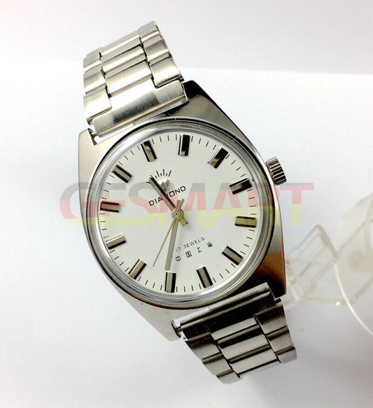 38mm SHANGHAI DIAMOND manual watch with white dial, silver case, 17 jewels movement, elegant design.