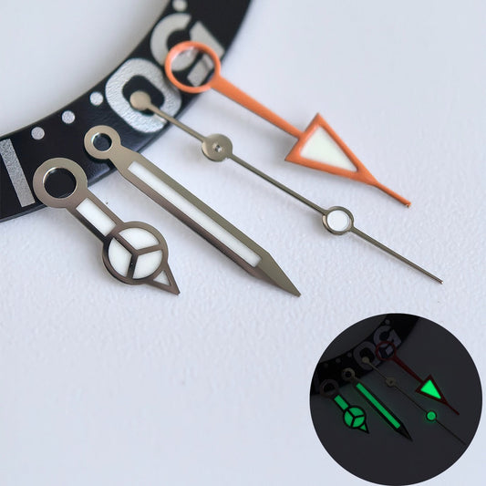 Green lume orange GMT watch hand with silver trim for NH34 movement, enhancing visibility and style.