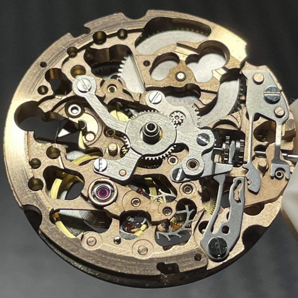 Miyota 8N24 automatic watch movement with rose gold and silver hollow design, Japan Made craftsmanship