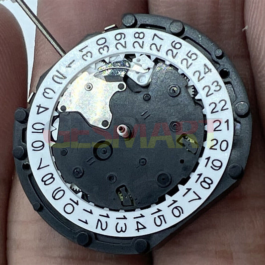 Sunon PE90 quartz watch movement with 3 hands, date at 3, small seconds at 6 and 12.