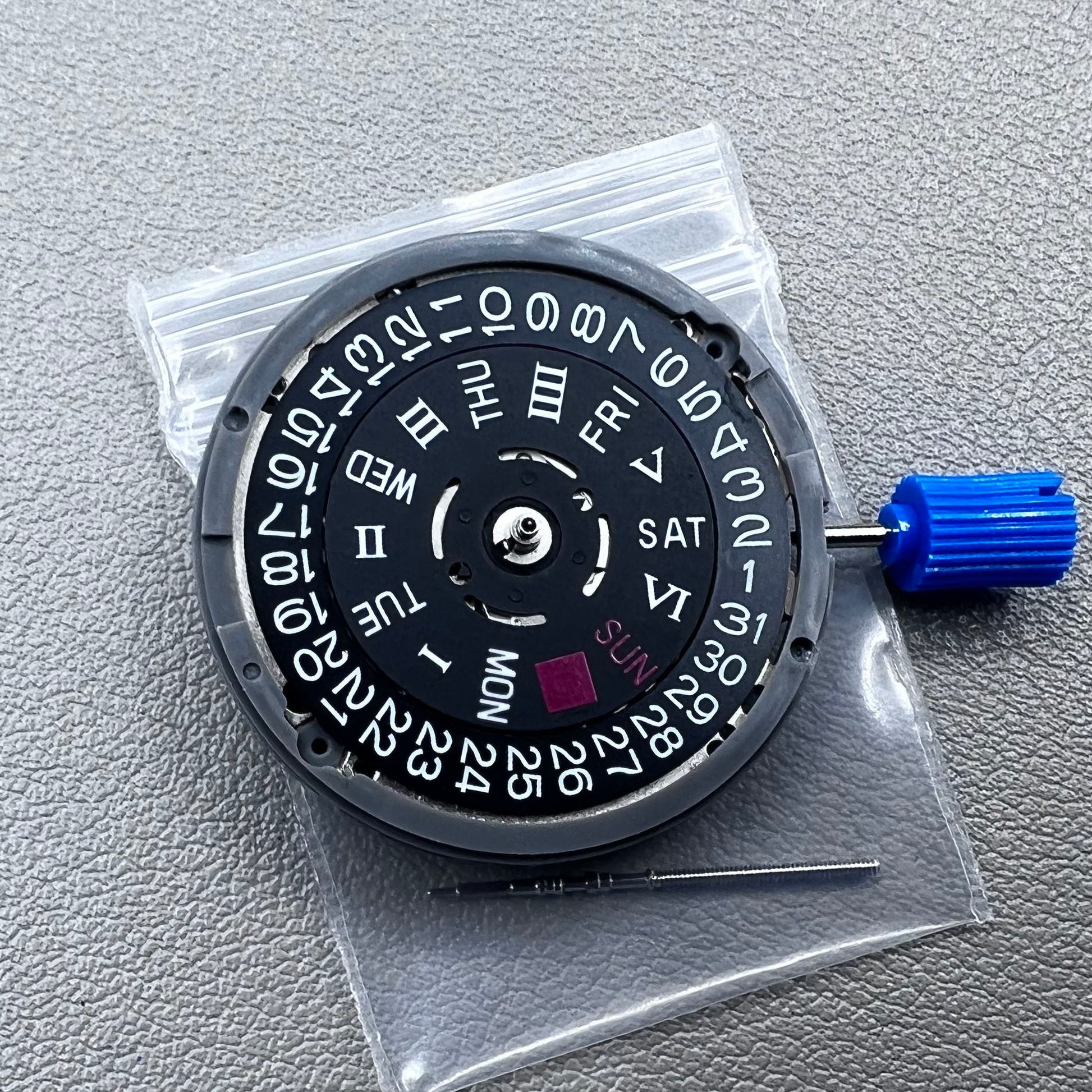 Seiko NH36A automatic movement with black Roman wheel crown, precise watch accessory for mechanical timepieces.