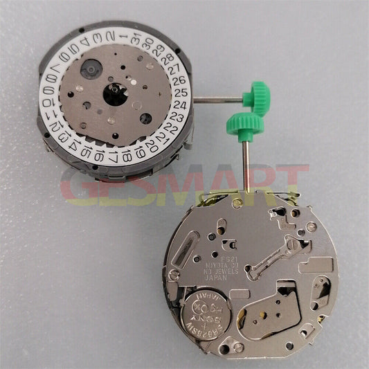 Miyota FS21 chronograph watch movement with date at 4, precision quartz, Japan made.