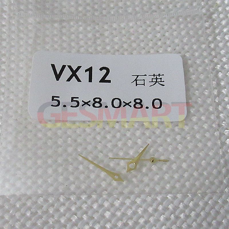 Silver watch hands for Hattori Epson VX12 movement, 5.5x8x8mm, ideal for versatile watch repairs and customization.