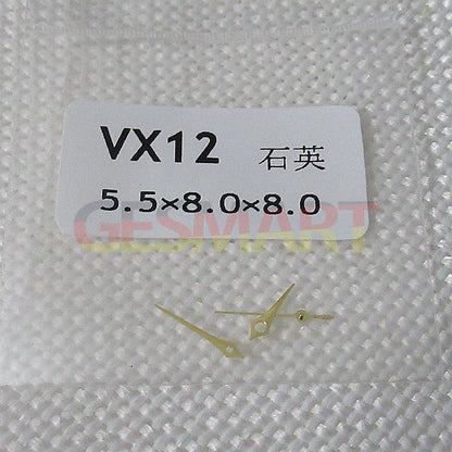 Silver watch hands for Hattori Epson VX12 movement, 5.5x8x8mm, ideal for versatile watch repairs and customization.