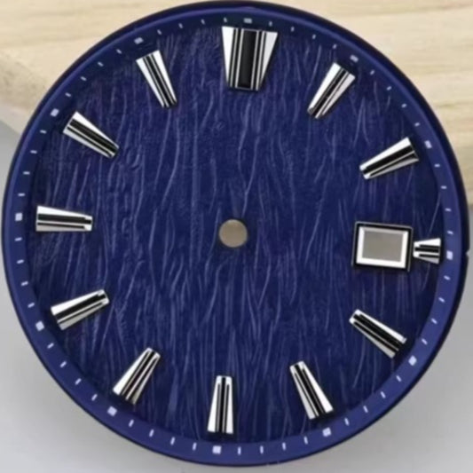 Dark blue Modified Tree Vein watch dial 33.5mm for NH35 NH36 movement, detailed texture.