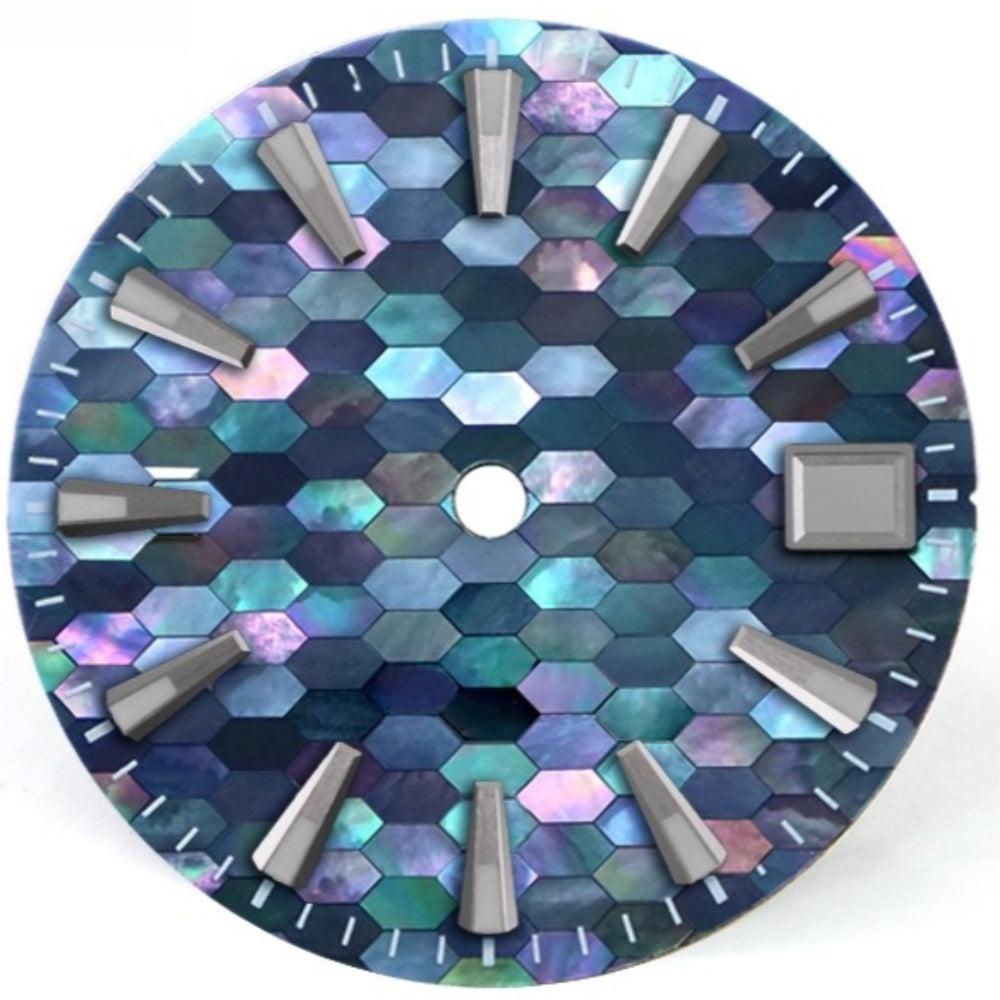 Blue trapezoid nail watch dial with natural seashell texture and blue lume, compatible with NH35 movement.