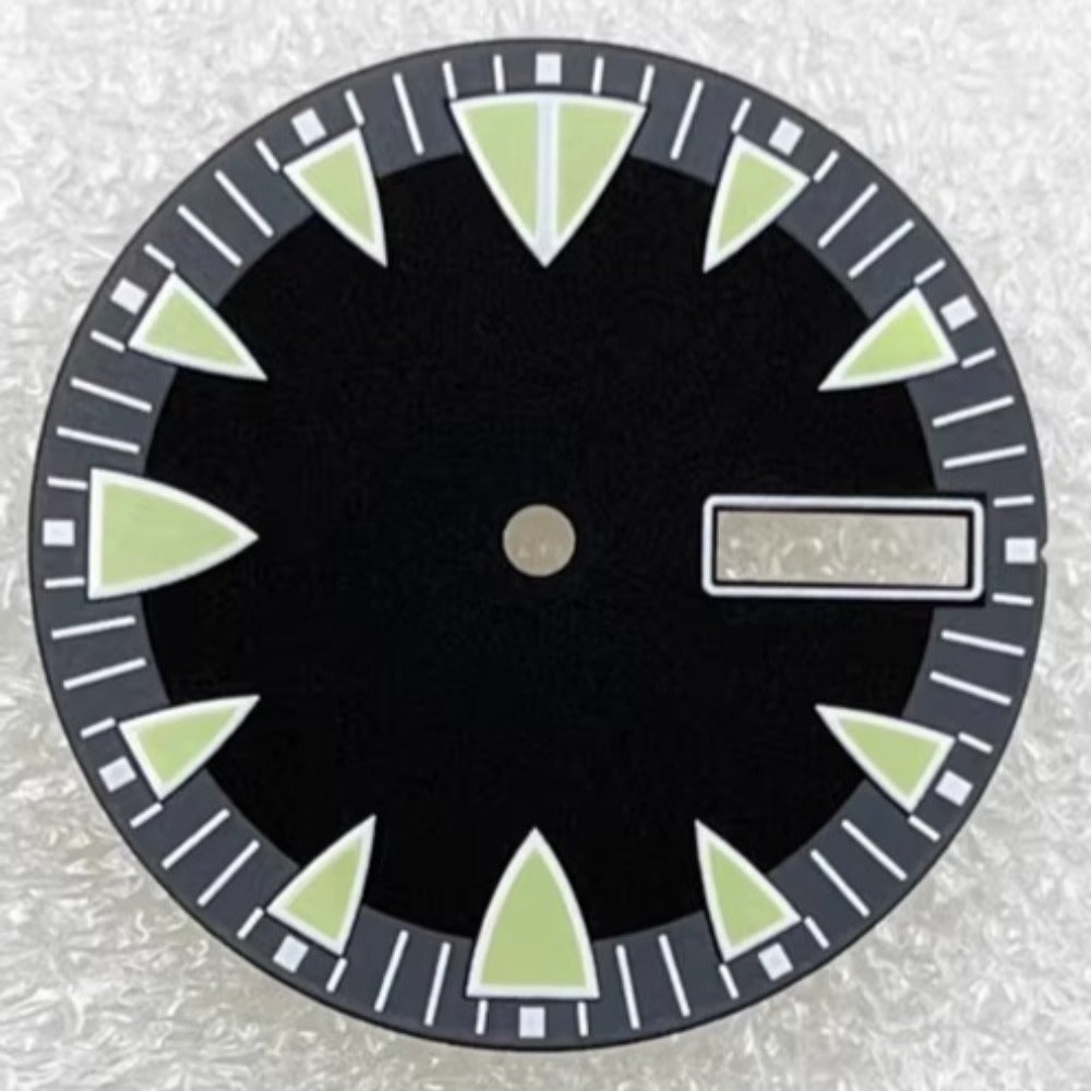 Black 28.5mm watch dial with green lume, designed for NH36 movement; ideal for diving watches.