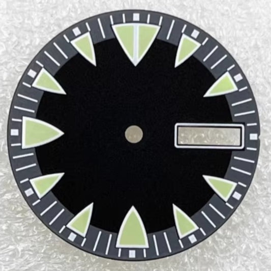 Black 28.5mm watch dial with green lume, designed for NH36 movement; ideal for diving watches.