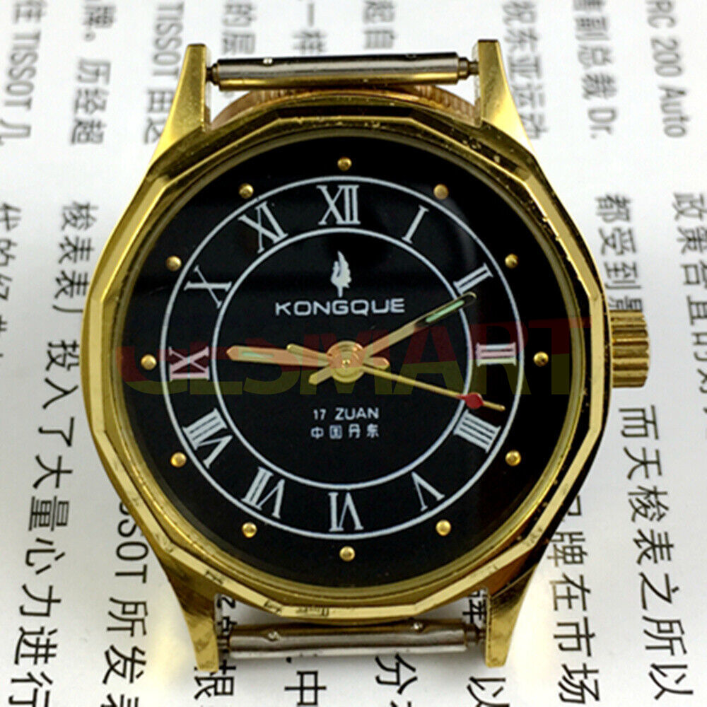 33mm Dandong manual mechanical watch with 17 jewels, black dial, golden nail markers, and three hands.