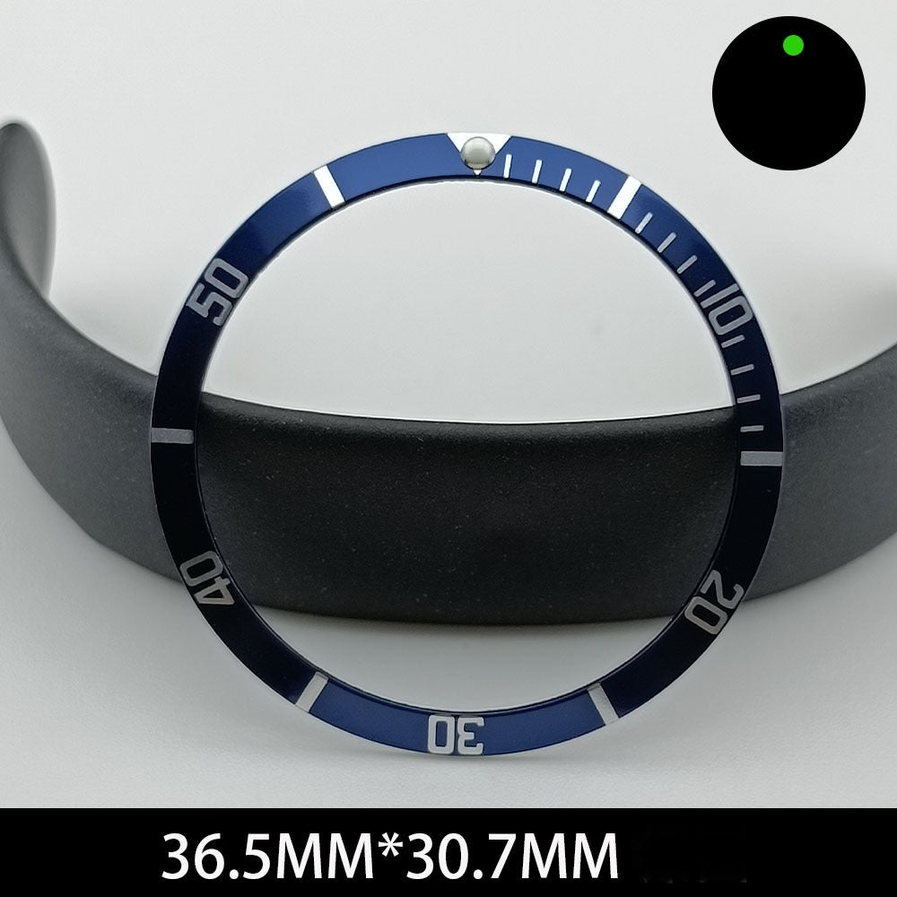 Green lume aluminum watch bezel with blue slope and white font, 36.5/30.7mm for precise timekeeping accessories.