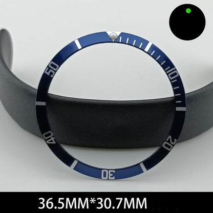 Green lume aluminum watch bezel with blue slope and white font, 36.5/30.7mm for precise timekeeping accessories.