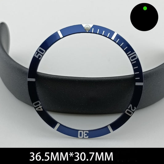 Green lume aluminum watch bezel with blue slope and white font, 36.5/30.7mm for precise timekeeping accessories.