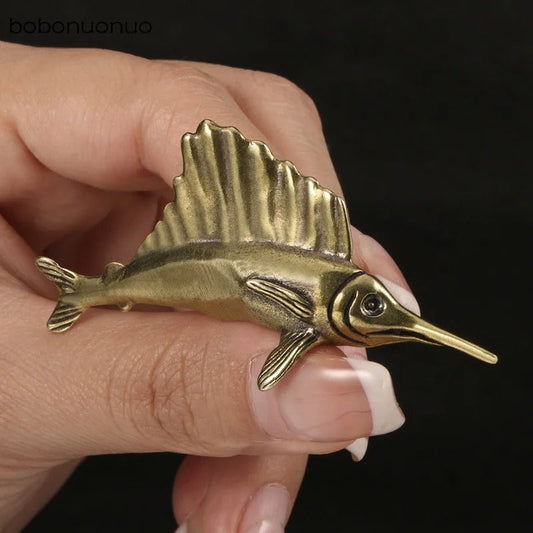 Solid copper vintage bronze tuna figurine, hand-carved trinket, detailed craft accessory.