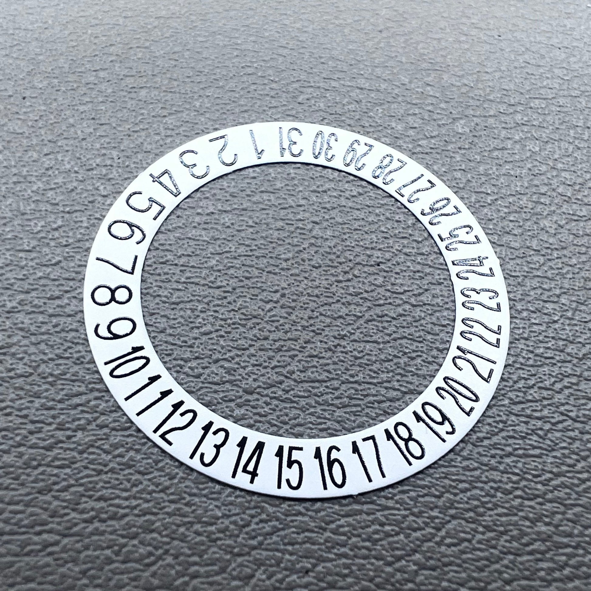 Black date wheel overlay with bold font on white background for NH35 NH36 watch movement, date at 6 o'clock, branded.